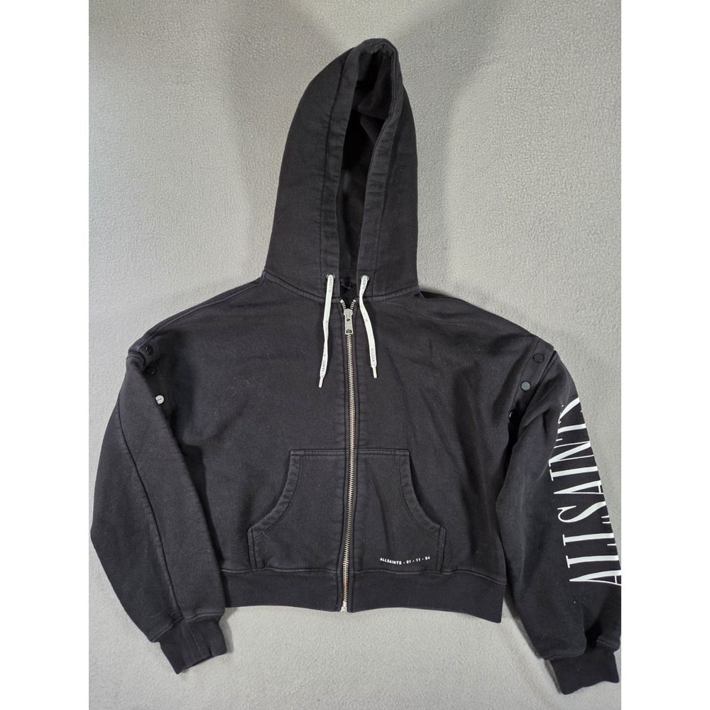 Allsaints Sweatshirt Womens Medium Black Cropped Convertible Amphia Zip Hoody